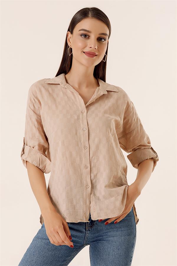 Front Buttoned Polo Collar Shirt with Foldable Sleeves