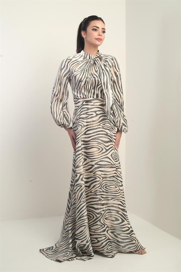 Women's Long Satin Dress with Zebra Pattern and Scarf Detail, Lined