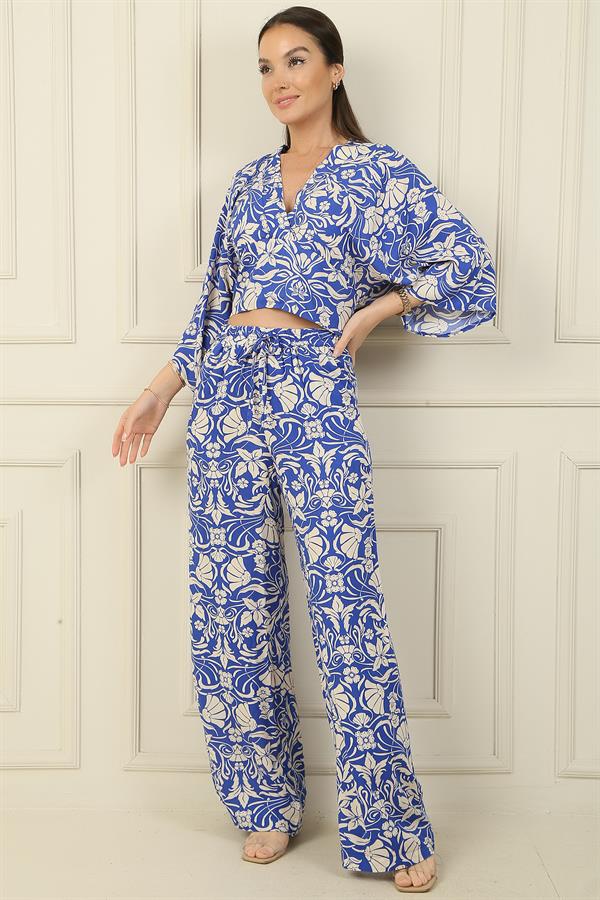 Front and Back V-Neck Crop Top, Elastic Waistband, Pocketed Palazzo Pants, Floral 2-Piece Set