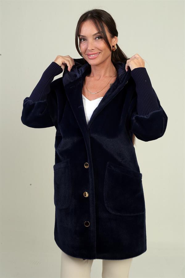 Manteau en angora doublé à capuche et boutons sur le devant pour femme, avec manches côtelées