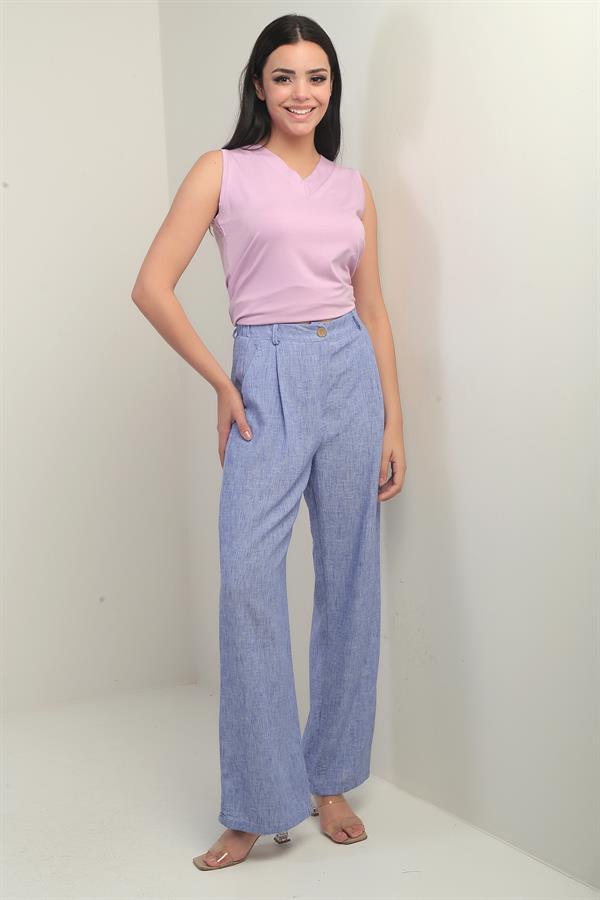 Women's Palazzo Pants with Elastic Waistband, Pockets and Pleat Details