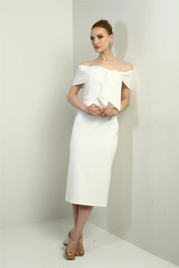 Kadın Saten Madonna Yaka Kendinden Telalı Midi Elbise