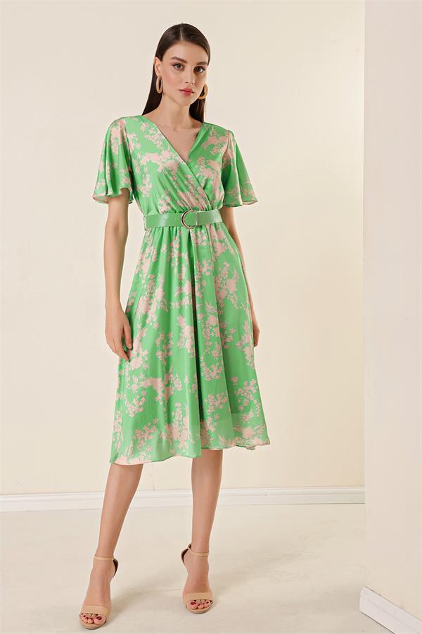 Ön Arka Kruvaze Yaka Astarlı Çiçekli Saten Elbi