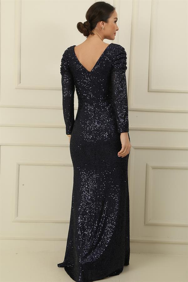 Kruvaze Yaka Önü Drapeli Astarlı Pulpayet Uzun Elbise