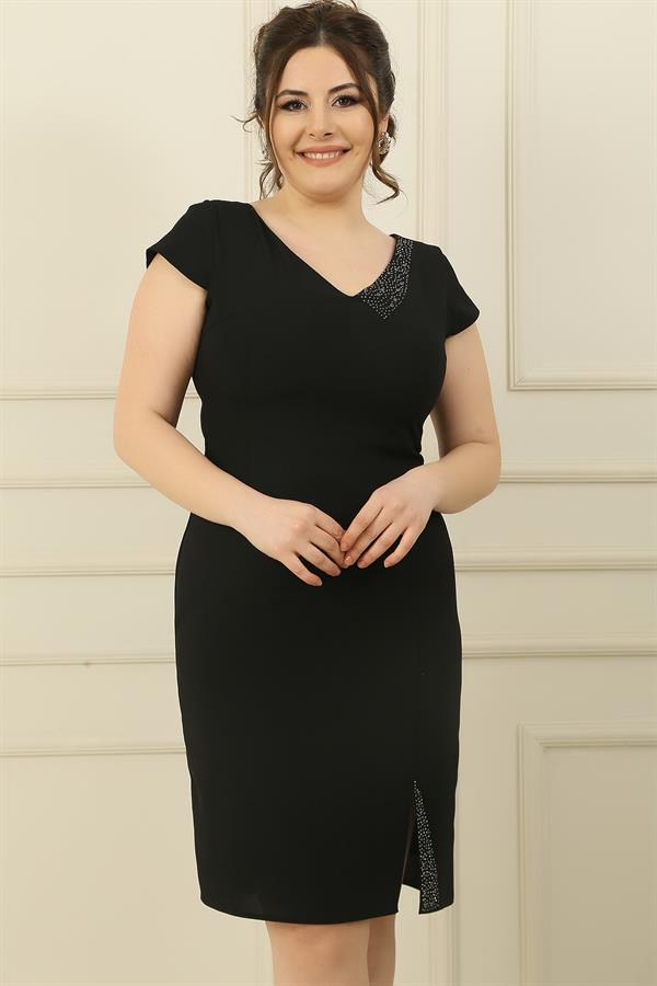 Front and Back V-Neck Lined Half-Moon Sleeved Plus Size Dress with Stone and Bead Details