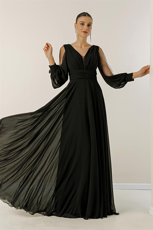 Front and back V-neck, draped front, tulle sleeves, lined, wide-length chiffon dress.