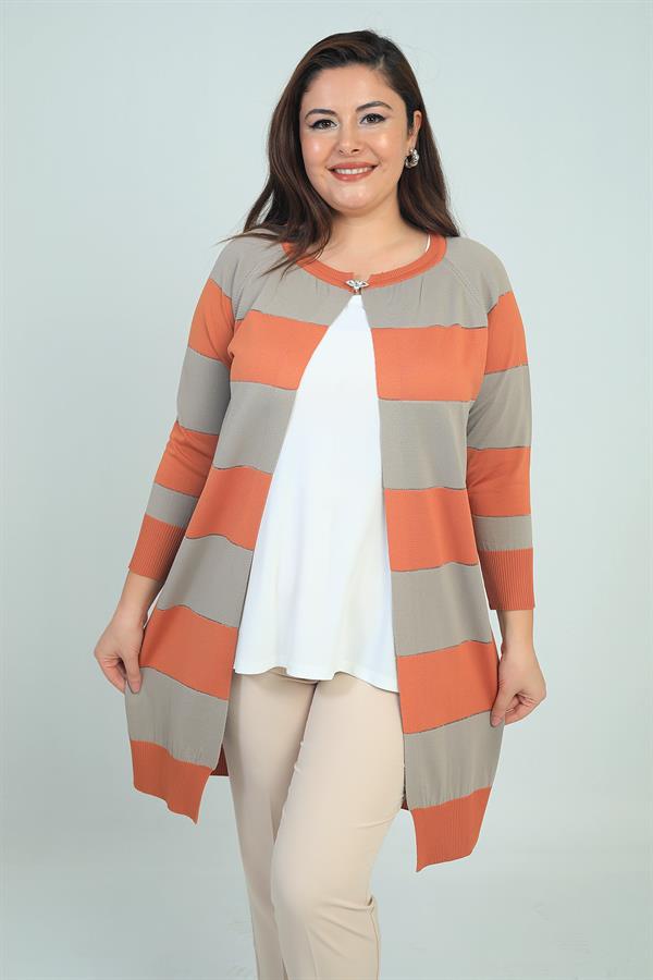 Kadın Enine Kalın Çizgili Büyük Beden Hırka