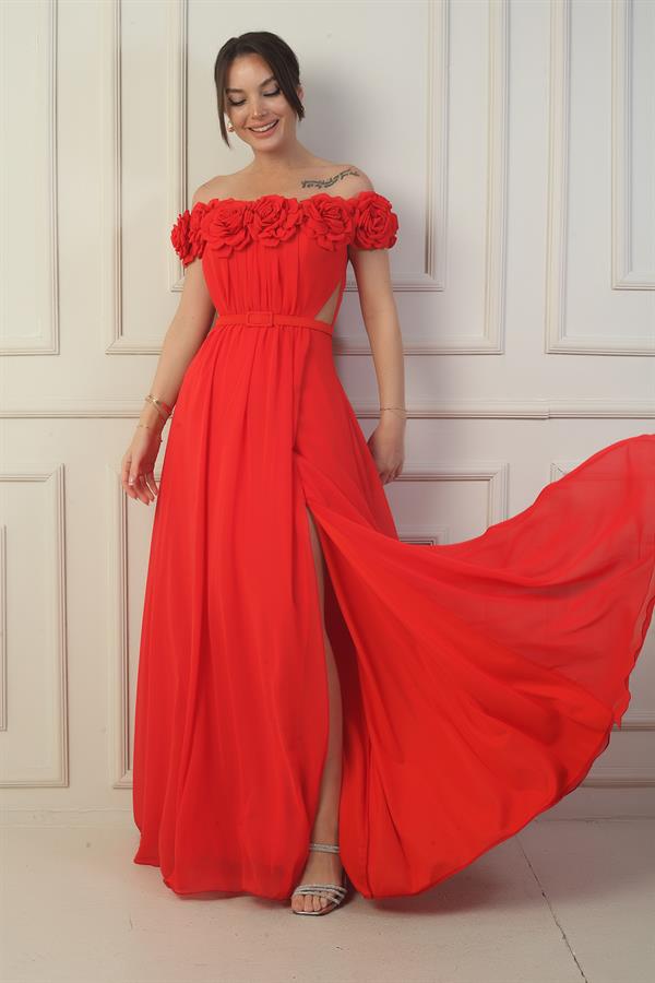 Kadın Yakası Lazer Kesim Çiçek Astarlı Beli Kemerli Uzun Şifon Elbise