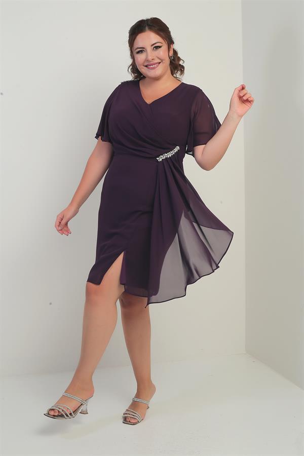 Women's Shoulder and Waist Crystal Stone Lined Handkerchief Plus Size Chiffon Dress