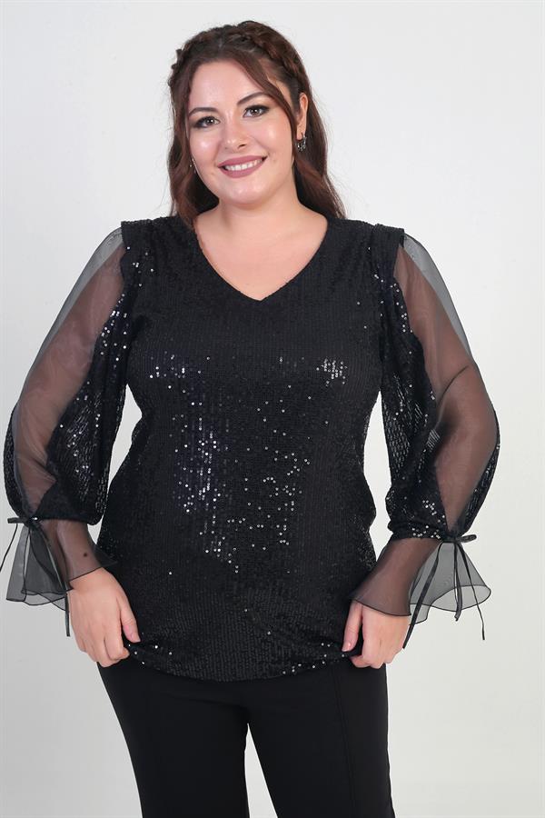 Kadın V Yaka Kolları Organze Pulpayet Büyük Beden Bluz