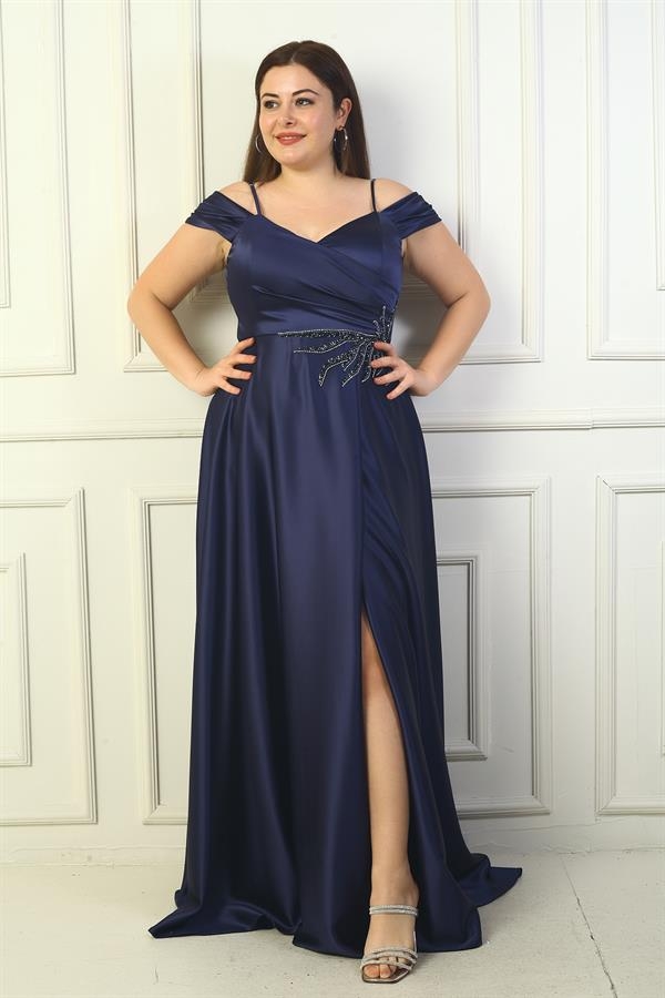 Kadın Ön Arka V Yaka İp Askılı Düşük Kol Taş İşlemeli Astarlı Büyük Beden Uzun Saten Abiye Elbise