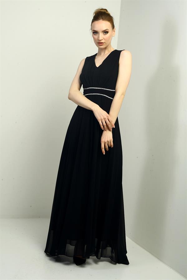 Women's V-Neck Long Crepe Chiffon Dress with Stone Detail at Waist, Gathered Front, Lined, and Tie-Back Closure.