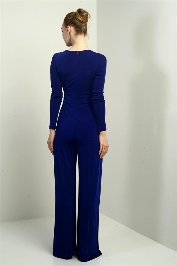 Women's Wrap Neckline Long Sleeved Wide Leg Lycra Jumpsuit with Waist Stone Detail