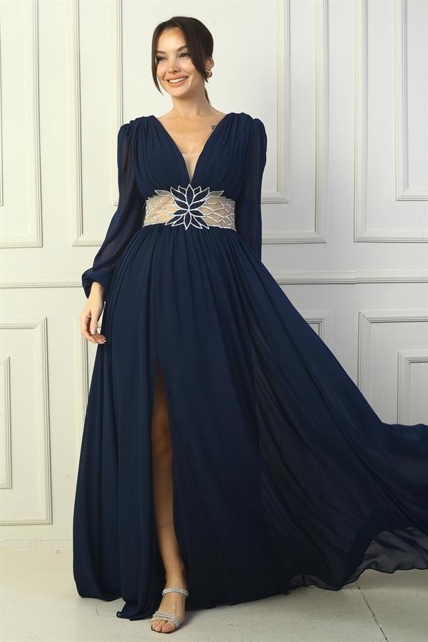 Kadın Ön Arka v Yaka Beli Nakış İşlemeli Astarlı Uzun Şifon Abiye Elbise