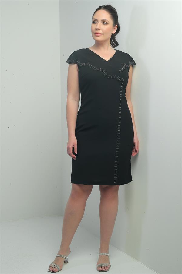 Women's Plus Size Short Dress with Stone Detail on Collar, Laser Cut, and Lined.