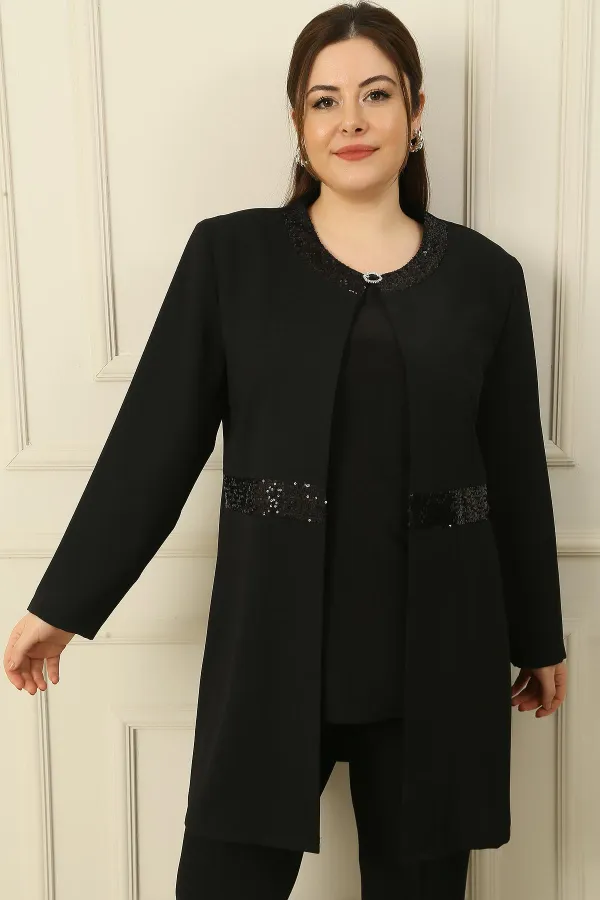 İçi Kolsuz Likralı Bluz Yakası Ve Beli Pul Detaylı Büyük Beden Krep 2'li Takım
