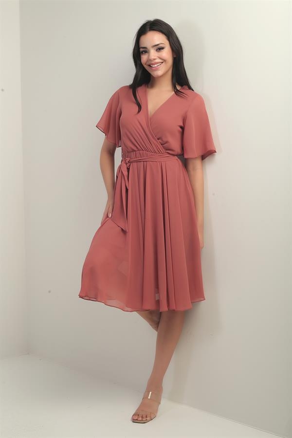 Women's Wrap Neckline Ruffled Sleeve Lined Chiffon Dress