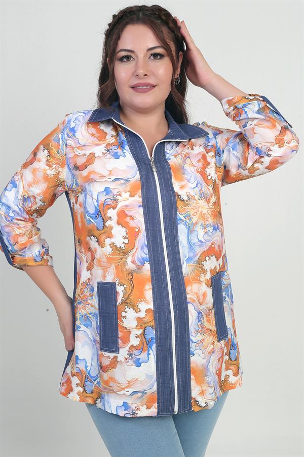 Chemise en jean grande taille pour femme, avec fermeture éclair sur le devant et motif