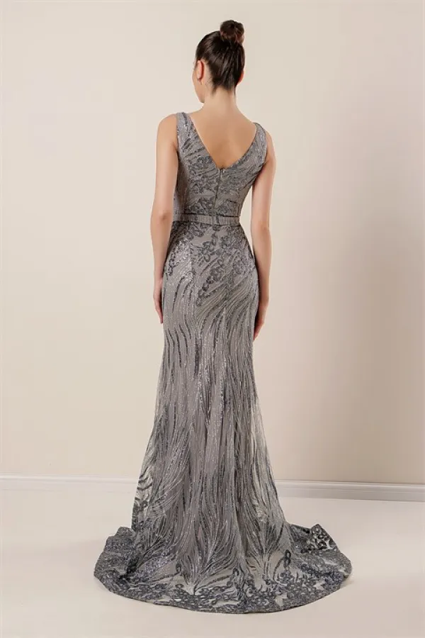 Thick Strap Ghost Tulle Lined Glittery Long Dress