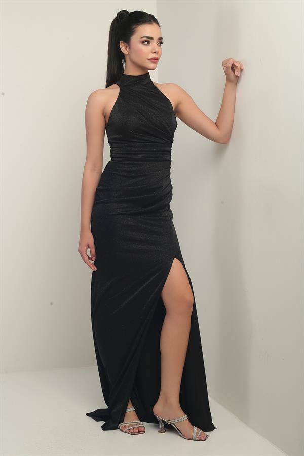 Kadın Boyunlu Önü Büzgülü Simli Astarlı Elbise