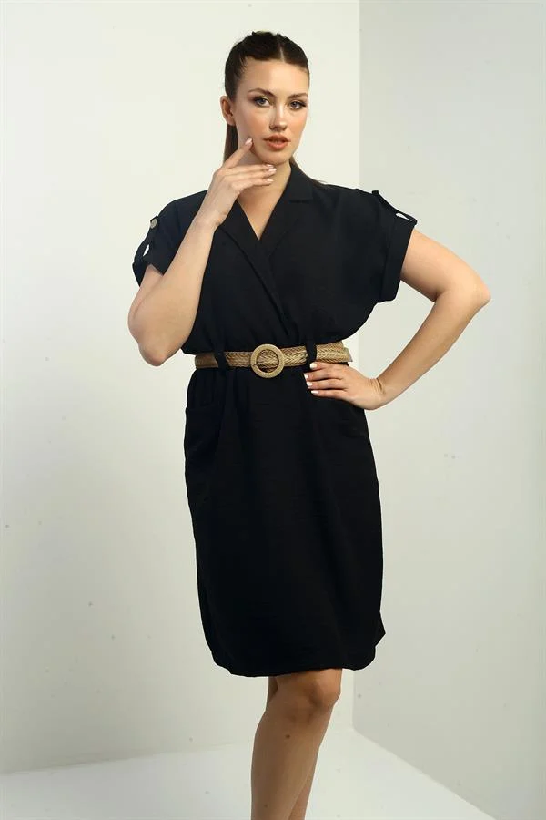 Women's Dress with Patch Pockets and Belt Waist
