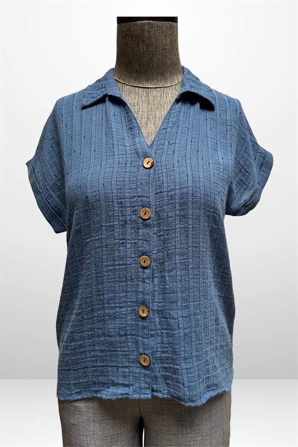 Kadın Polo Yaka Kendinden Desenli Keten Gömlek