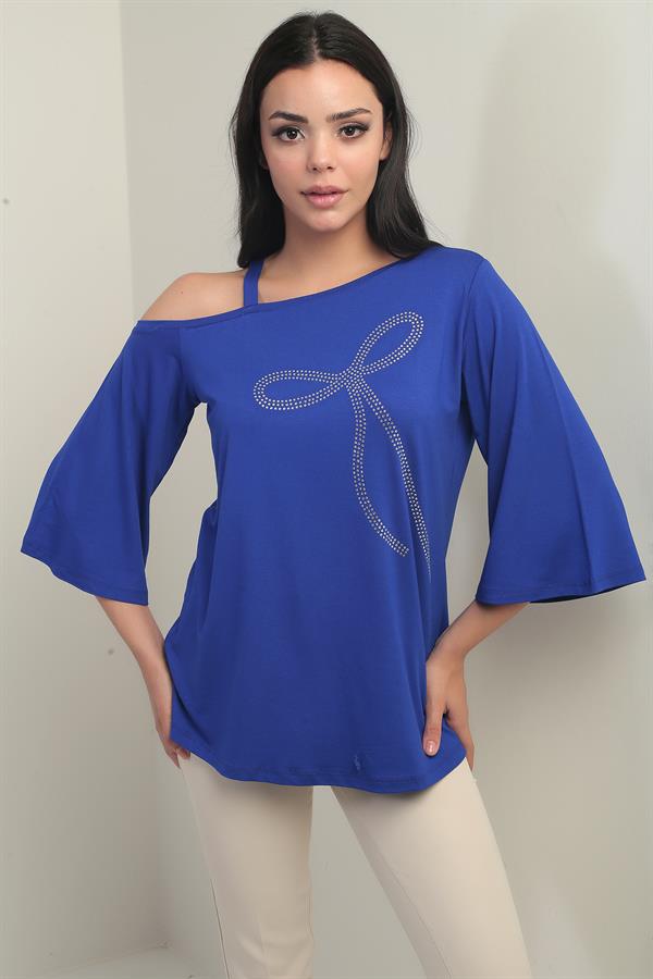 Women's One-Shoulder Blouse with Bow and Rhinestone Print, Lycra