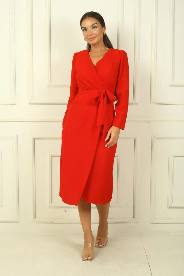 Women's Wrap-Neck Sleeveless Belted Lined Crepe Dress