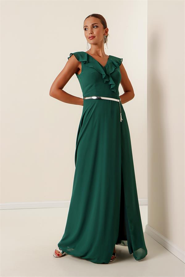 Long Chiffon Dress with Ruffled Neckline and Belt, and Slit
