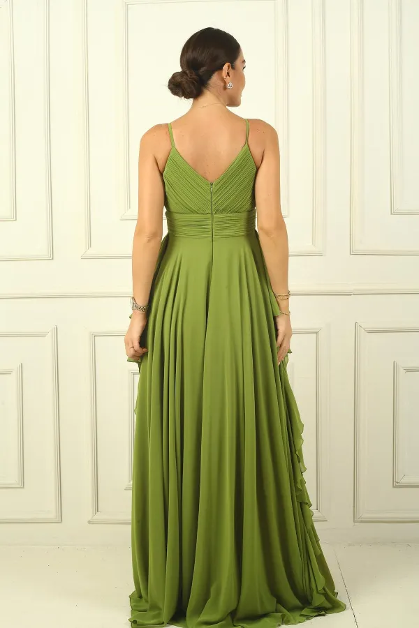 Kadın İp Askılı Yanları Yırtmaçlı Astarlı Volanlı Şifon Uzun Elbise