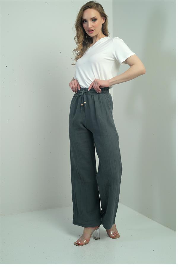 Pantalon palazzo en mousseline pour femme, avec taille élastique et poches