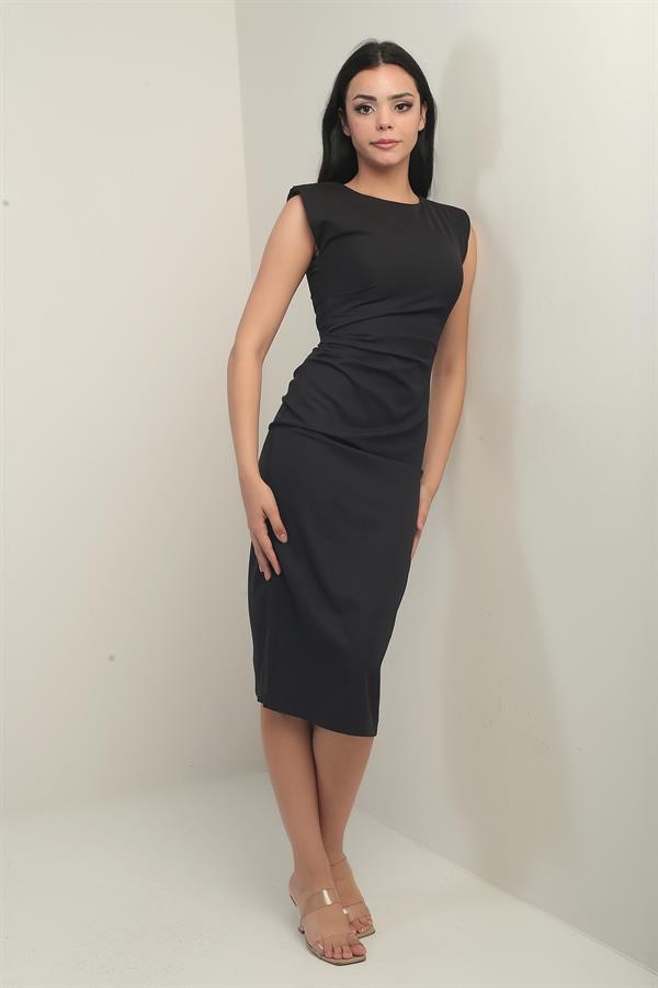 Women's Round Neck Padded Shoulder Side Gathered Lined Midi Dress