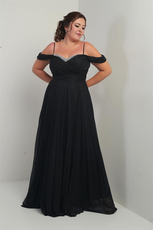 Women's Stone Embellished Strapless Neckline Strappy Off-Shoulder Glittery Long BB Dress