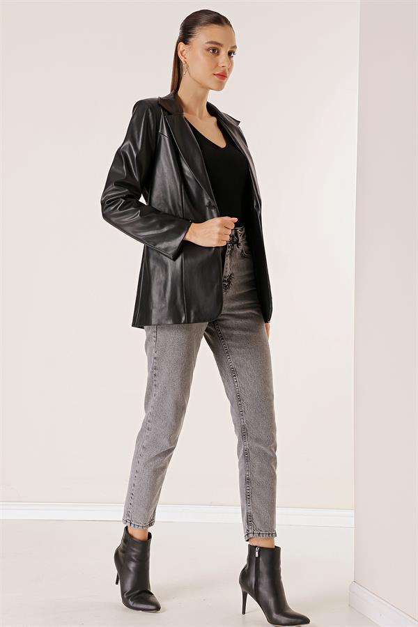 Tek Düğmeli Sahte Cepli Astarlı Deri Ceket