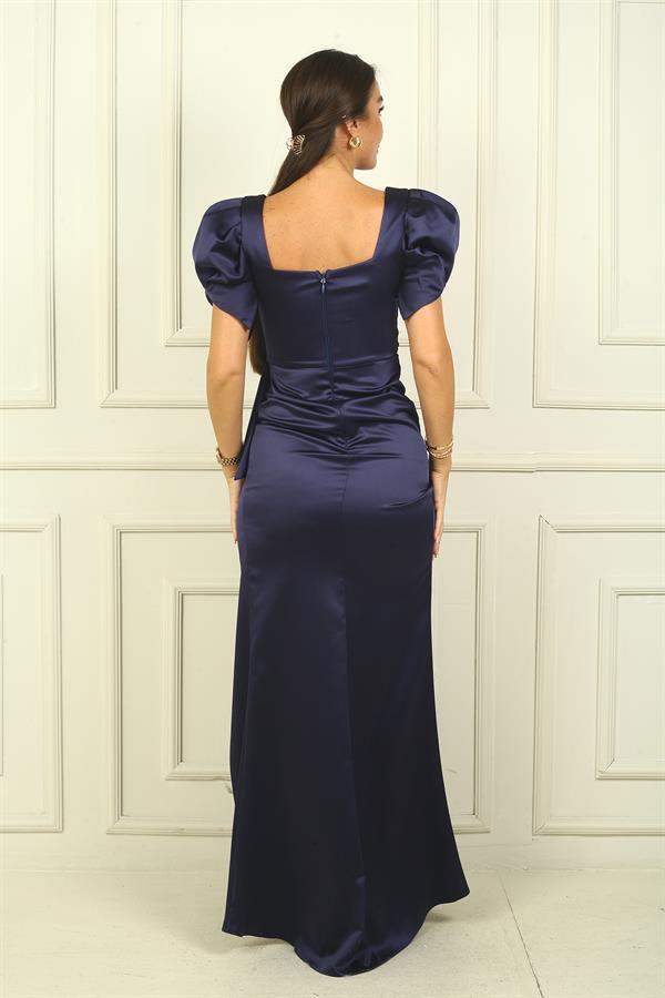 Kare Yaka Karpuz Kol Önü Drapeli Saten Uzun Kalem Elbise