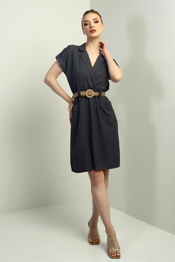 Women's Dress with Patch Pockets and Belt Waist