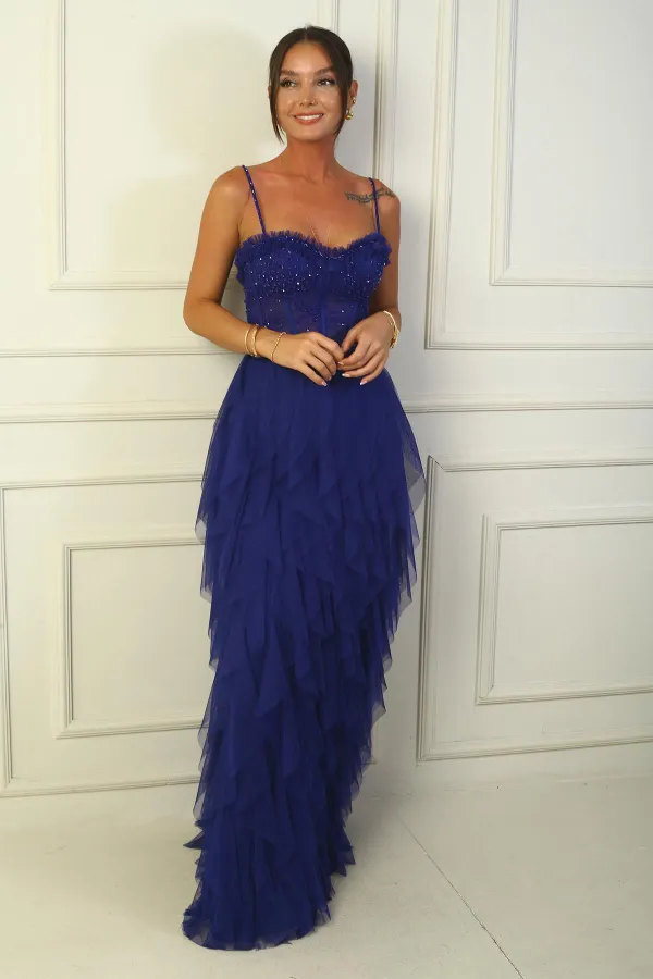 Robe longue en tulle doublée à franges et à bretelles en corde perlée