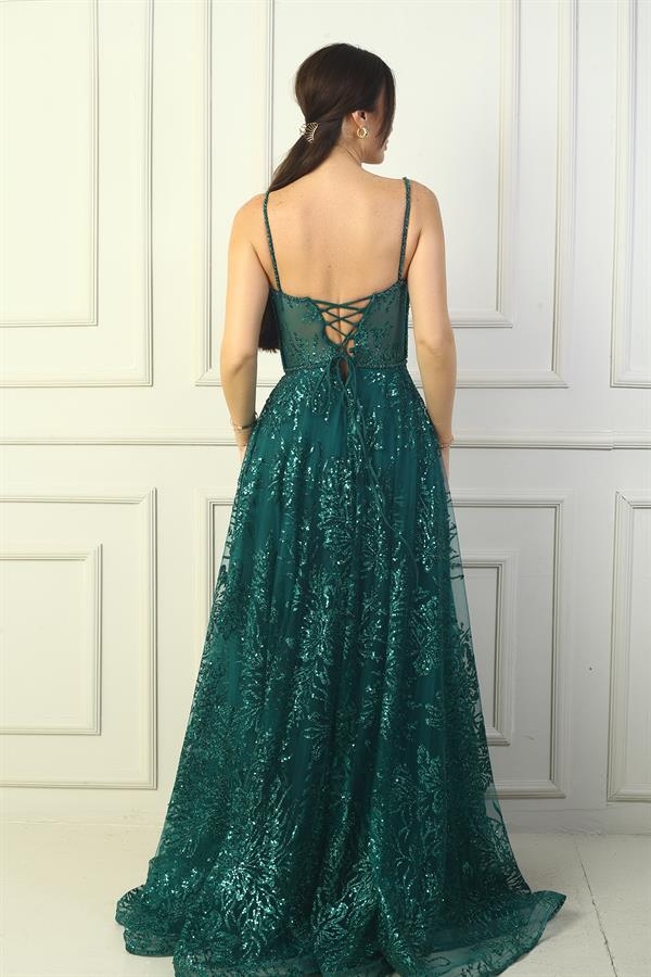 Kadın İp Askılı Boncuk Detaylı Pul İşlemeli Astarlı Uzun Abiye Elbise