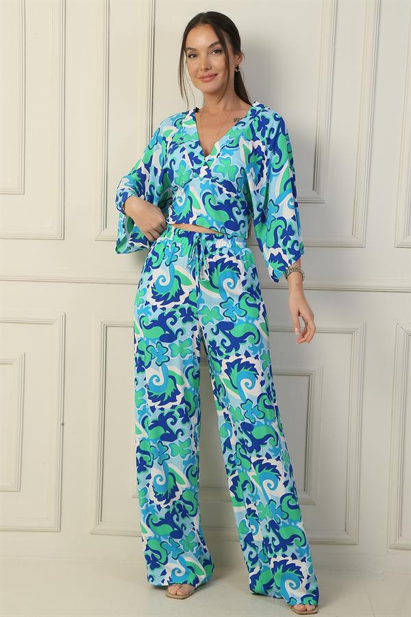 Two-Piece Set of Palazzo Pants with Elastic Waist, Pockets, Front and Back V-Neck, Crop Top, and Ethnic Pattern.