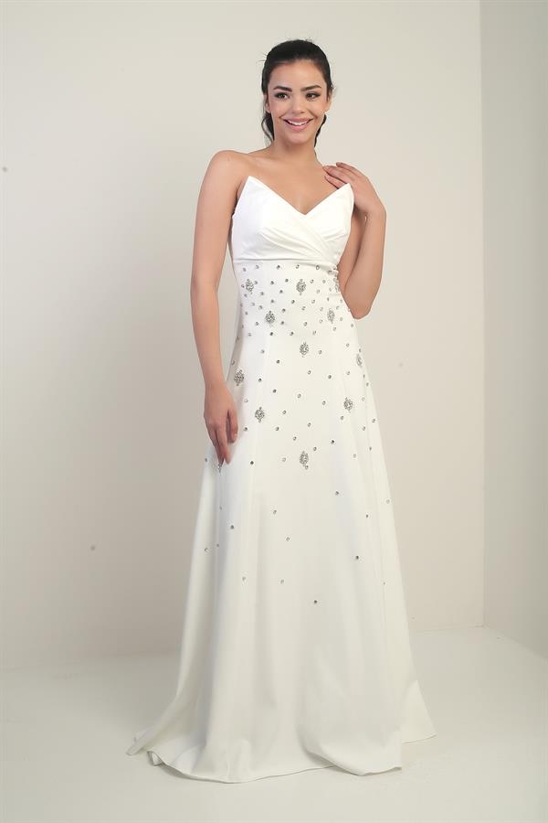 Robe longue évasée sans bretelles en taffetas pour femme avec double épissure de pierre