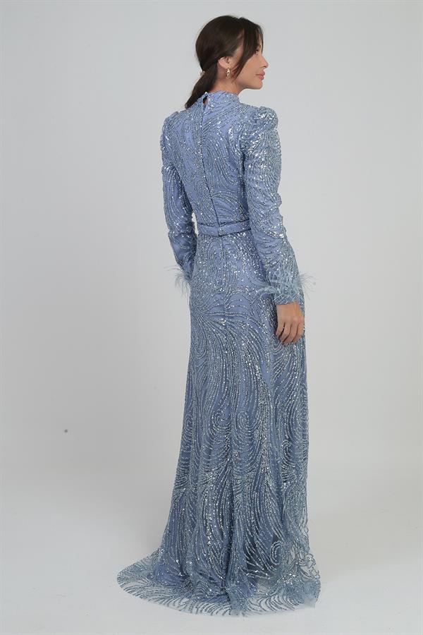 Kadın Kolu Tüylü Boncuk Ve Pullu Astarlı Tül Uzun Elbise