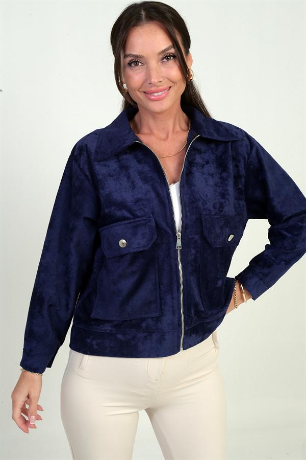 Women's Suede Coat with Pocket and Zipper Front