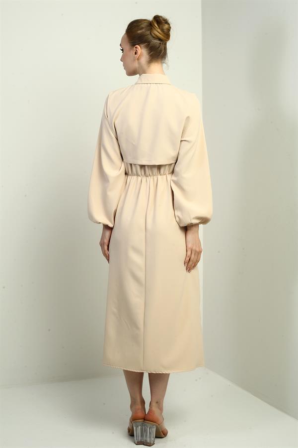 Women's Button-Down Detachable Vest, Elastic Waist, Long-Sleeved Midi Dress