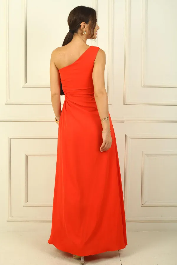 Women's One-Shoulder Long Crepe Satin Dress with Side Window Detail