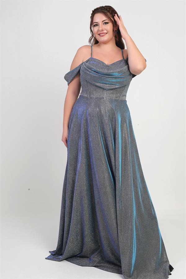 Kadın İp Askılı Arkası Bağcıklı Göğüs Drapeli Astarlı Balenli Büyük Beden Simli Elbise