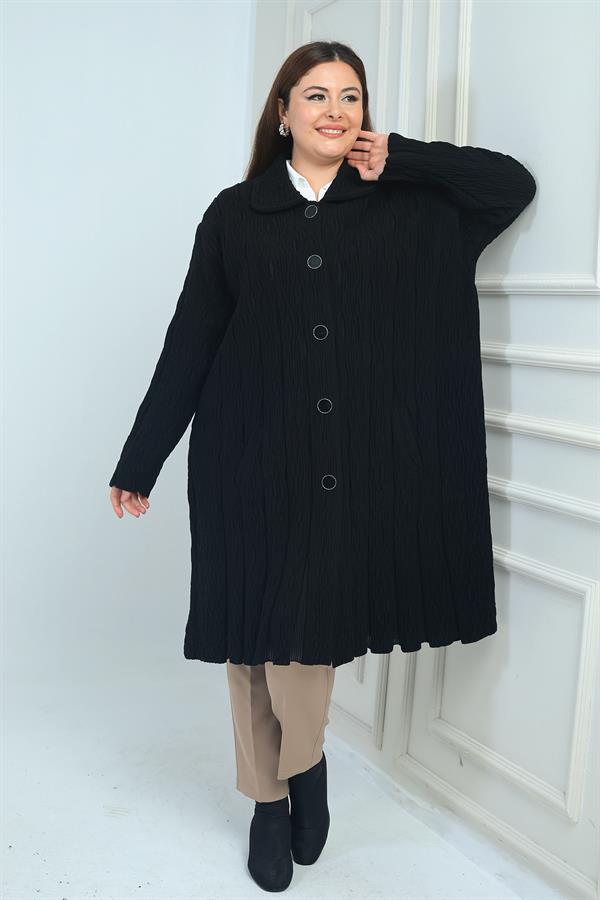 Kadın Desenli Cepli Büyük Beden Triko Kaban