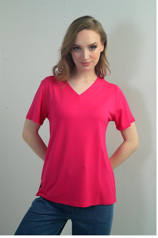Women's V-Neck Short-Sleeve Blouse with Slit