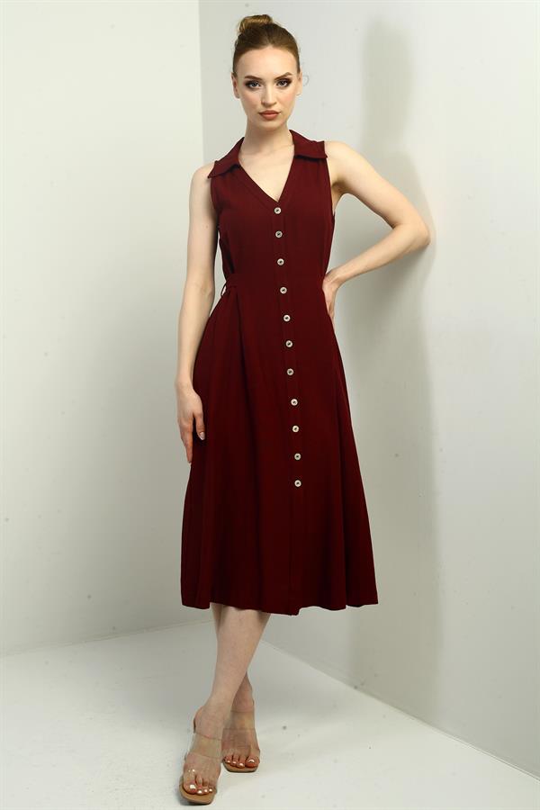 Robe midi en lin à col polo pour femme, ornée d'un pli sur le devant et de boutons.