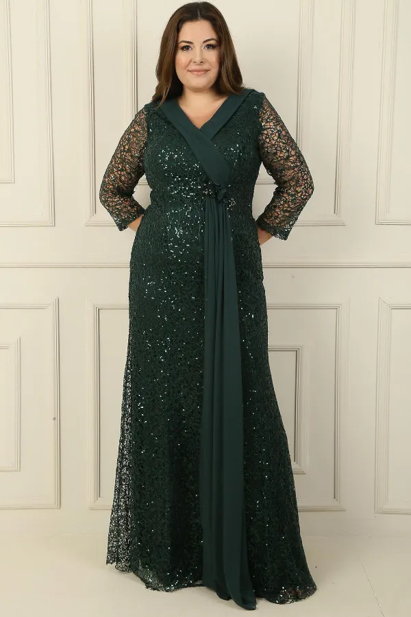 V Yaka File Kumaş Üstü Şifon B.Beden Elbise