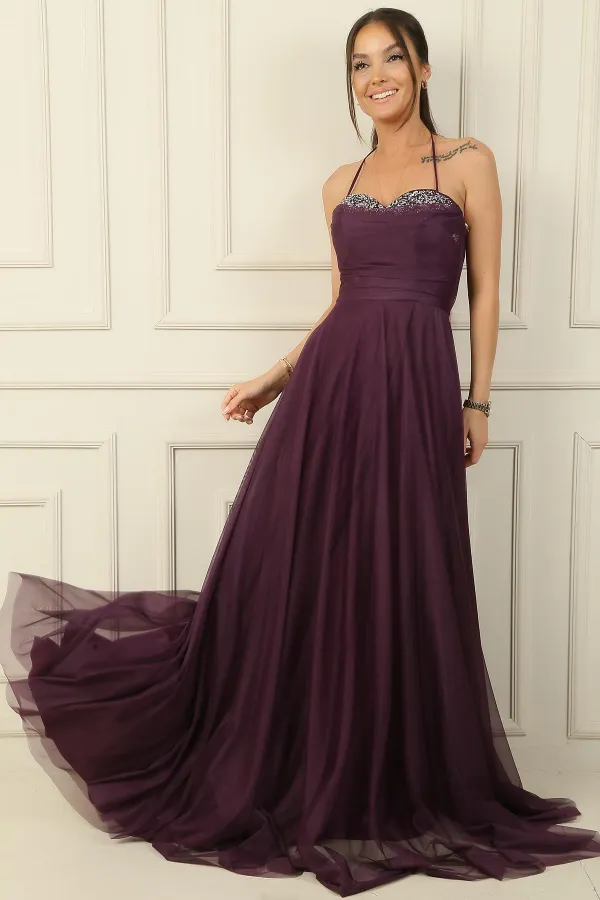 Önü Drapeli Taş Detaylı Astarlı Uzun Tül Abiye Elbise